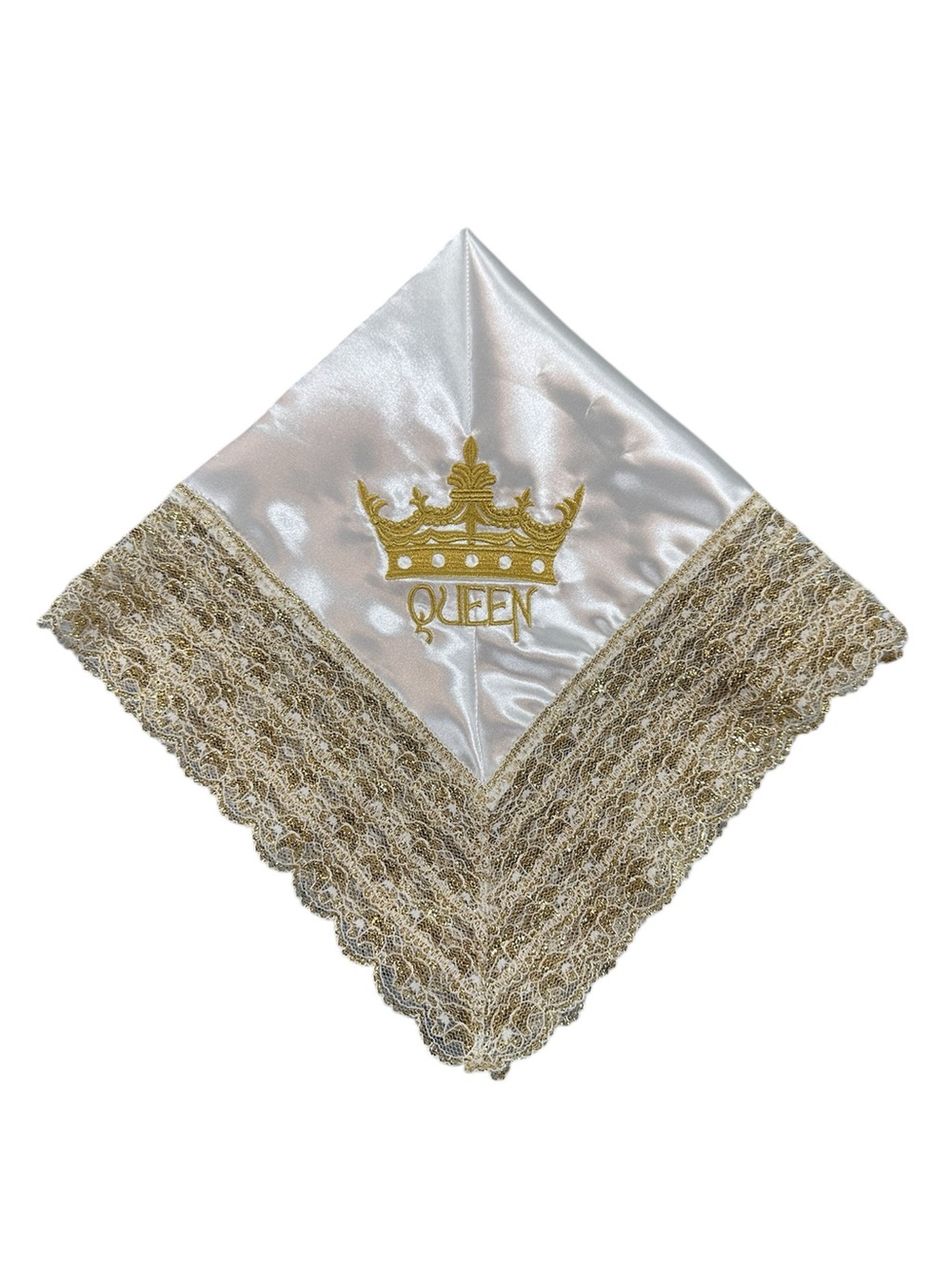 White Satin Embroidered Church Handkerchief with White Lace Trim